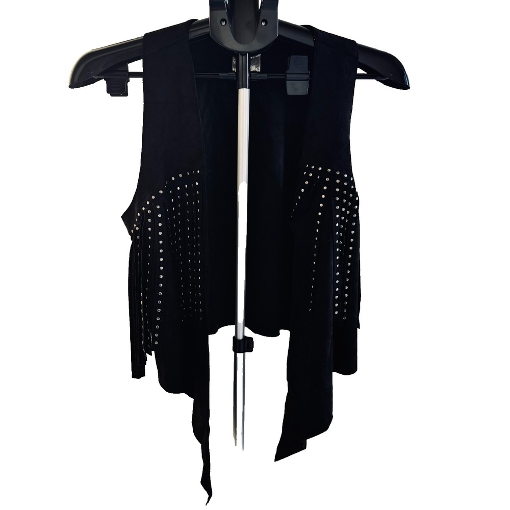 Vocal Black Brushed Faux Suede Studded Fringe Vest Sz Small Boho Western Rocker